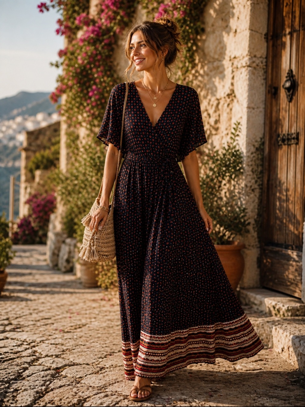 One Loved Babe Navy Red Boho V Neck Maxi Wrap Dress XXL